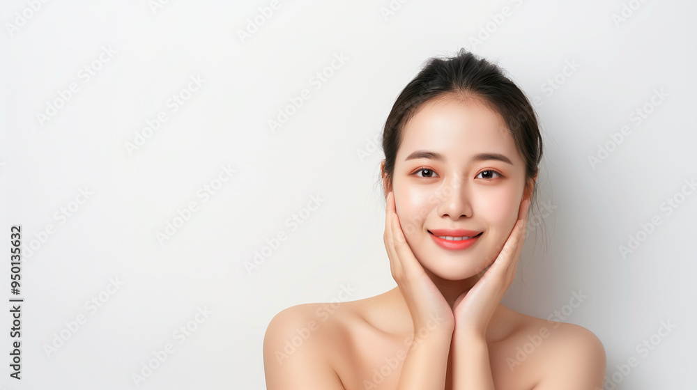 A young Korean woman with radiant, smooth skin smiling softly while gently cradling her face, set against a bright white background. A young Korean woman with radiant, smooth skin smiling softly while gently cradling her face, set against a bright white background.