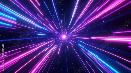 3D render, abstract neon background with blue and purple glowing lines. Big Bang effect, speed of light tunne