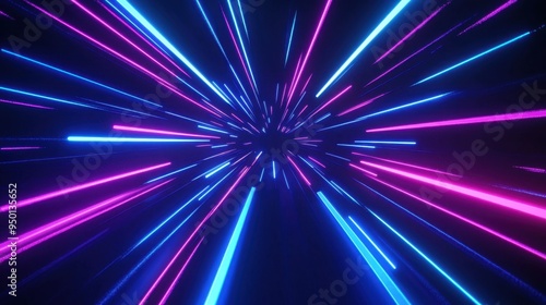 3D render, abstract neon background with blue and purple glowing lines. Big Bang effect, speed of light tunne
