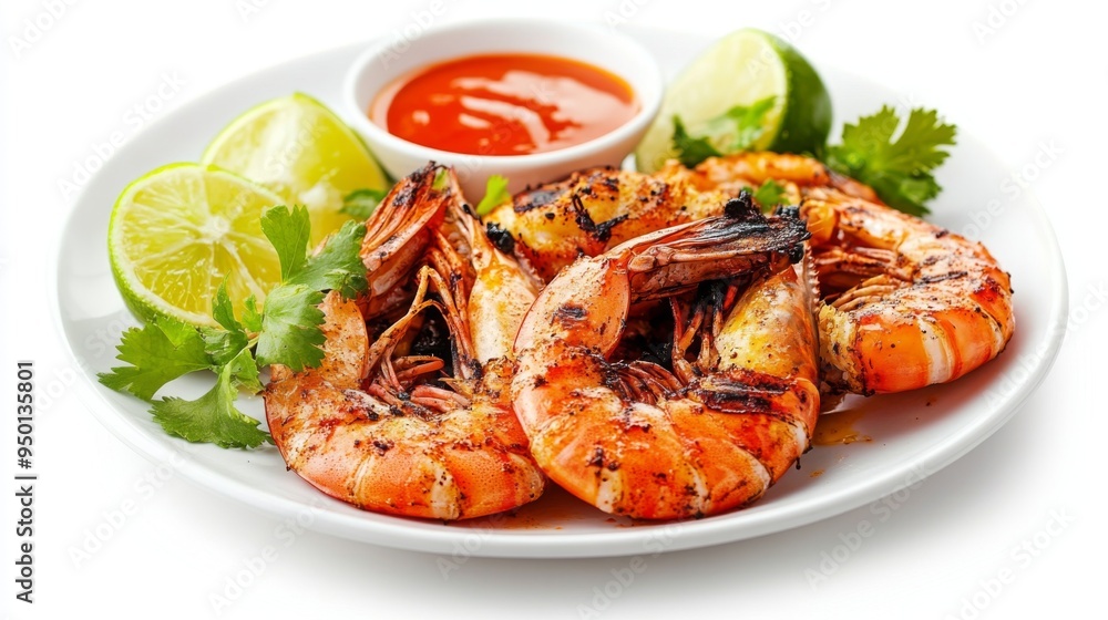 A delicious and inviting plate of grilled prawns with a perfect char, accompanied by a side of dipping sauce and lime wedges, set against a clean white background. A delicious and inviting plate of grilled prawns with a perfect char, accompanied by a side of dipping sauce and lime wedges, set against a clean white background.