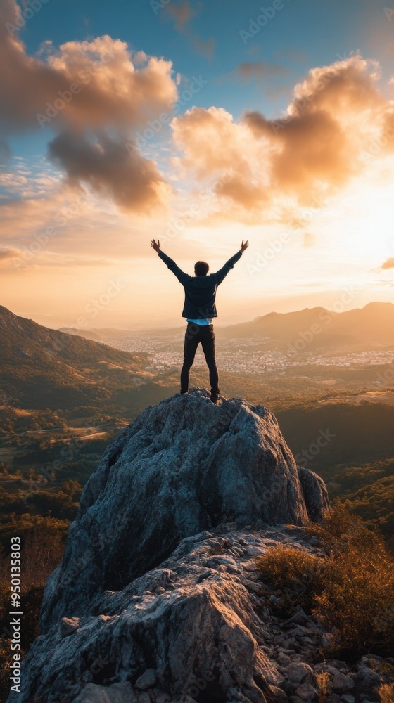 A Triumphant Man Celebrating Victory onMountain PeakBreathtaking Landscape Views A Triumphant Man Celebrating Victory onMountain PeakBreathtaking Landscape Views