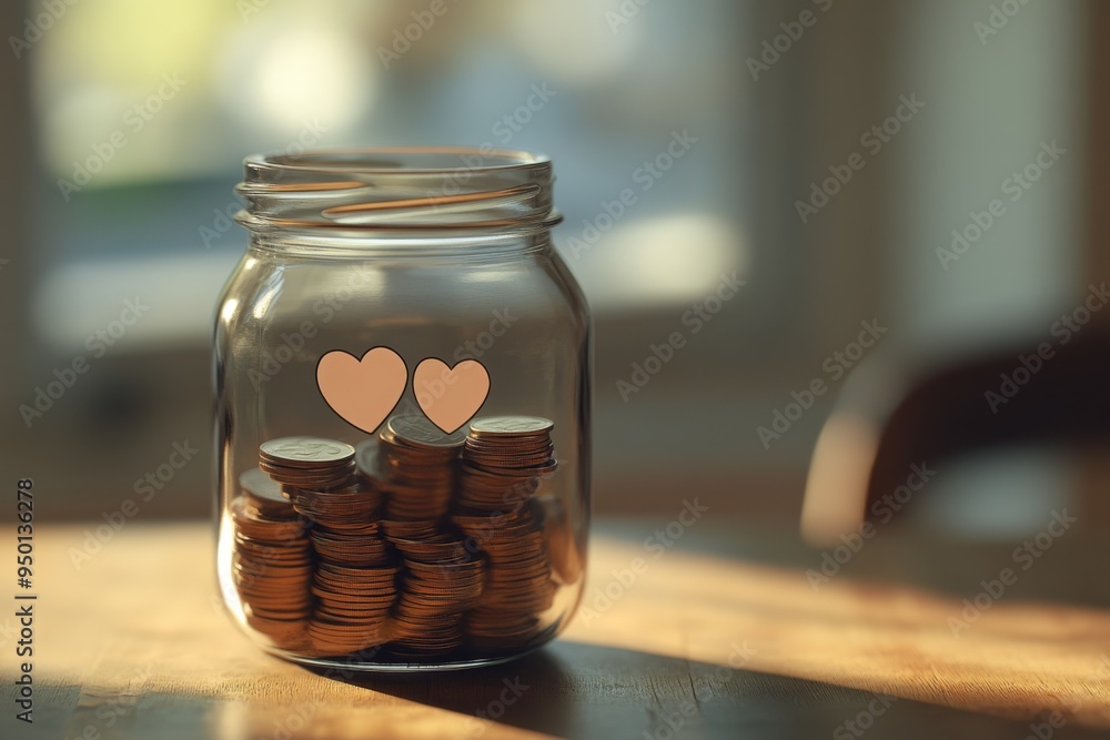 a simple, yet elegant money jar filled with coins and two small, hand-drawn heart shapes on the side, sitting on a clean and minimalist charity event desk a simple, yet elegant money jar filled with coins and two small, hand-drawn heart shapes on the side, sitting on a clean and minimalist charity event desk
