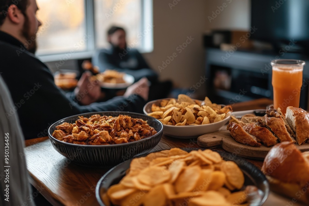 Football Game and Feast: A group of friends or family members gathered in a living room, cheering for their favorite team on TV while enjoying snacks like turkey sandwiches, chips, and drinks. The roo Football Game and Feast: A group of friends or family members gathered in a living room, cheering for their favorite team on TV while enjoying snacks like turkey sandwiches, chips, and drinks. The roo