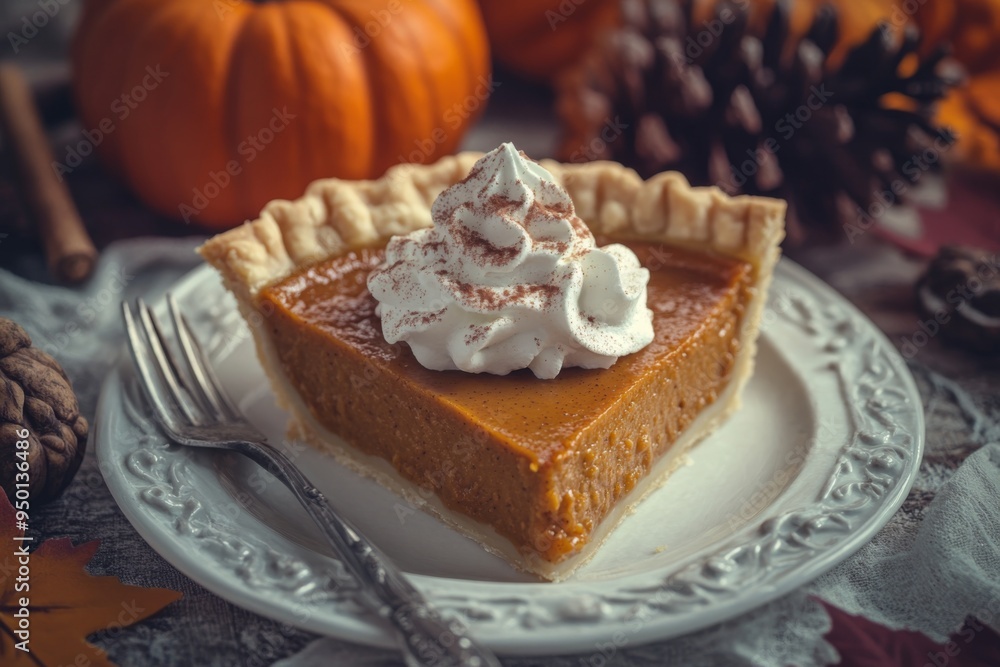 a slice of classic pumpkin pie with whipped cream on a thanksgiving table a slice of classic pumpkin pie with whipped cream on a thanksgiving table