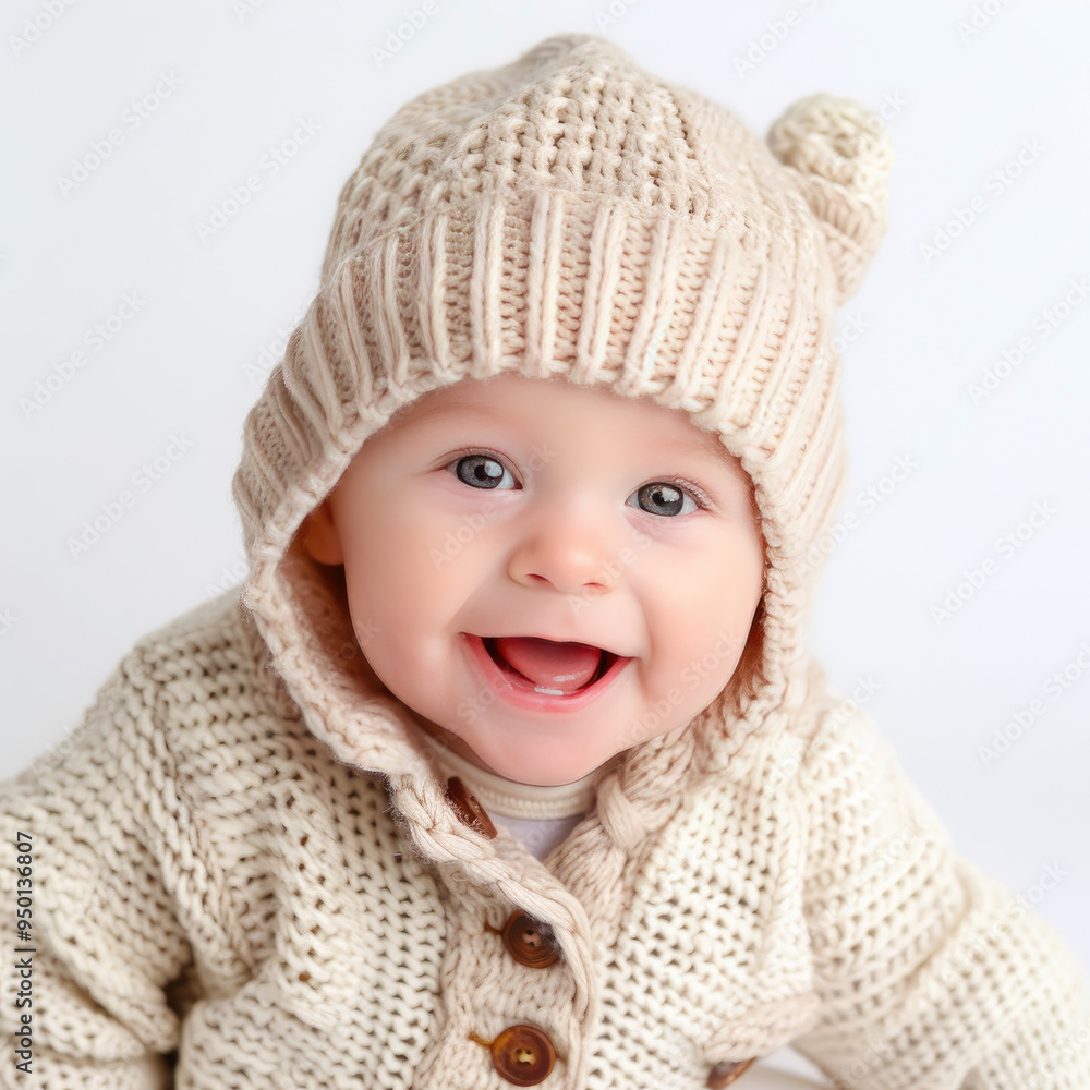 Happy baby in warm knitted clothes close-up, isolated, on a white background. Illustration for advertising children's clothing for the winter. A useful gift for parents for the New Year, Christmas. Happy baby in warm knitted clothes close-up, isolated, on a white background. Illustration for advertising children's clothing for the winter. A useful gift for parents for the New Year, Christmas.