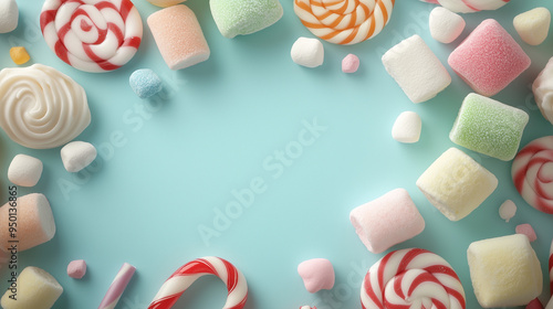 Candylicious Frame: A vibrant assortment of colorful candies arranged in a playful frame on a light blue background, creating a sweet and whimsical backdrop for your designs.  photo