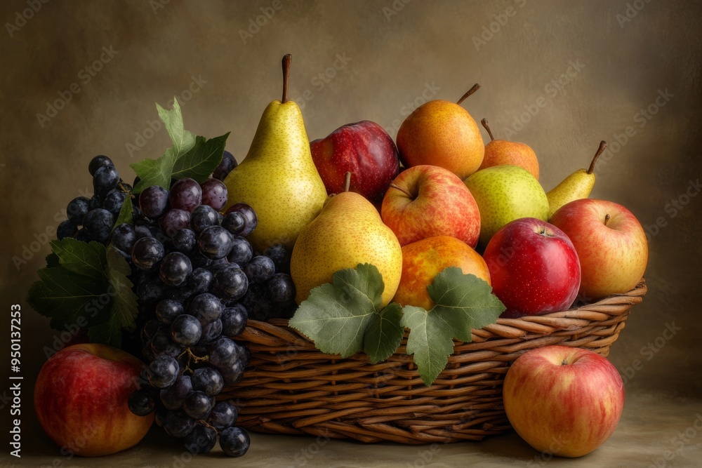 a still life of seasonal fruits, including apples, pears, and grapes, arranged in a wicker basket a still life of seasonal fruits, including apples, pears, and grapes, arranged in a wicker basket