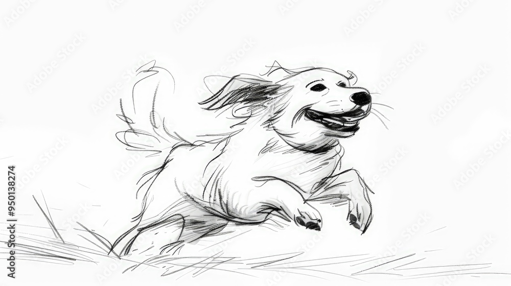 Obraz premium A happy dog running, with its ears flapping in the wind, depicted in a simple kids?? drawing style using black ink lines on a clean white background.