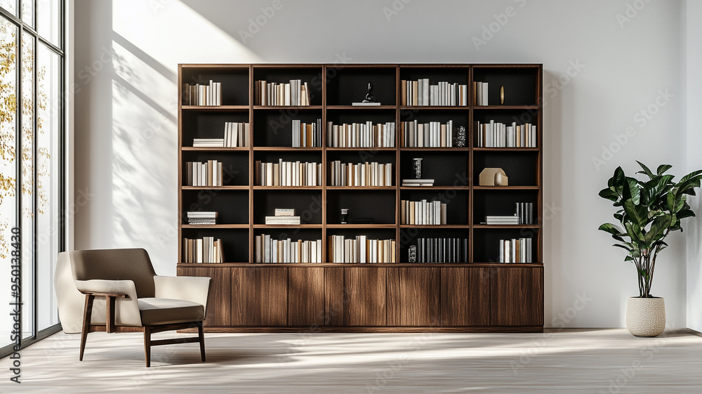 Fototapeta premium a modern living room interior design with a wooden bookcase cabinet and a white wall background