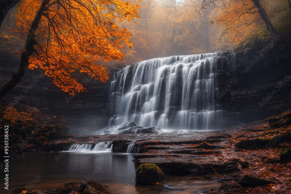 Fototapeta premium a stunning waterfall, surrounded by autumn foliage and a misty veil