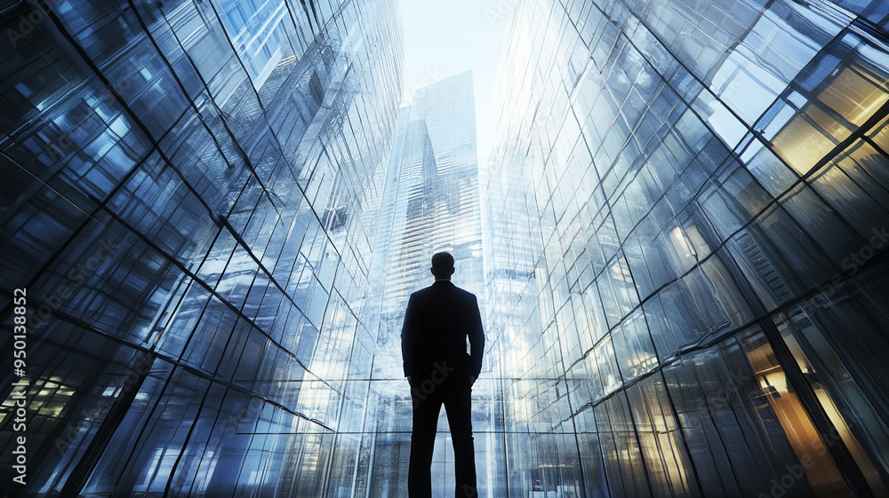 a businessman looking up of a modern office building a businessman looking up of a modern office building