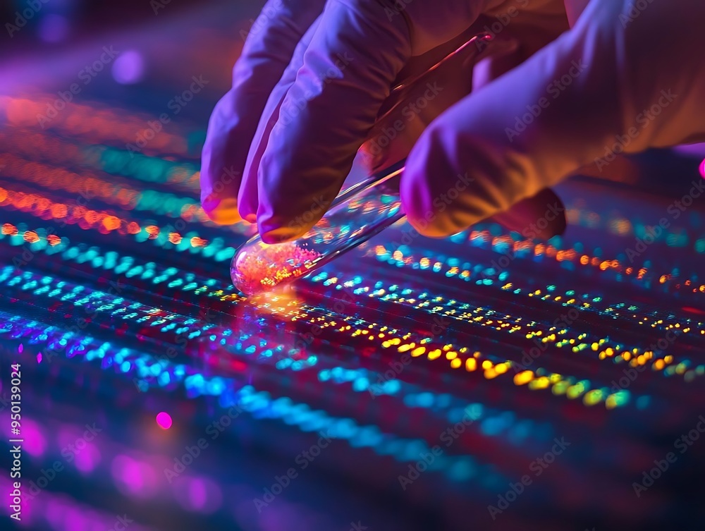 Gloved Hand Holding a Test Tube Over a Colorful, Abstract, Illuminated Background - Photo Gloved Hand Holding a Test Tube Over a Colorful, Abstract, Illuminated Background - Photo