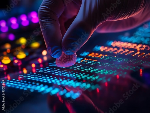 Gloved Hand Holding a Translucent Object Over a Multicolored Surface - Photo