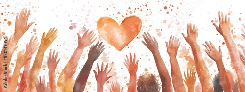 A watercolor illustration of an array of diverse hands raised in celebration, forming the shape of a heart above their heads