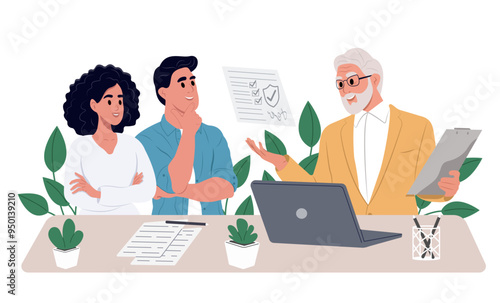 Concept of insurance. Male insurance agent explains and offers an insurance policy for a couple. Vector illustration in flat style