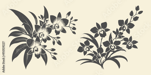 Black silhouette of dendrobium flower. Floral drawing vector illustration. 