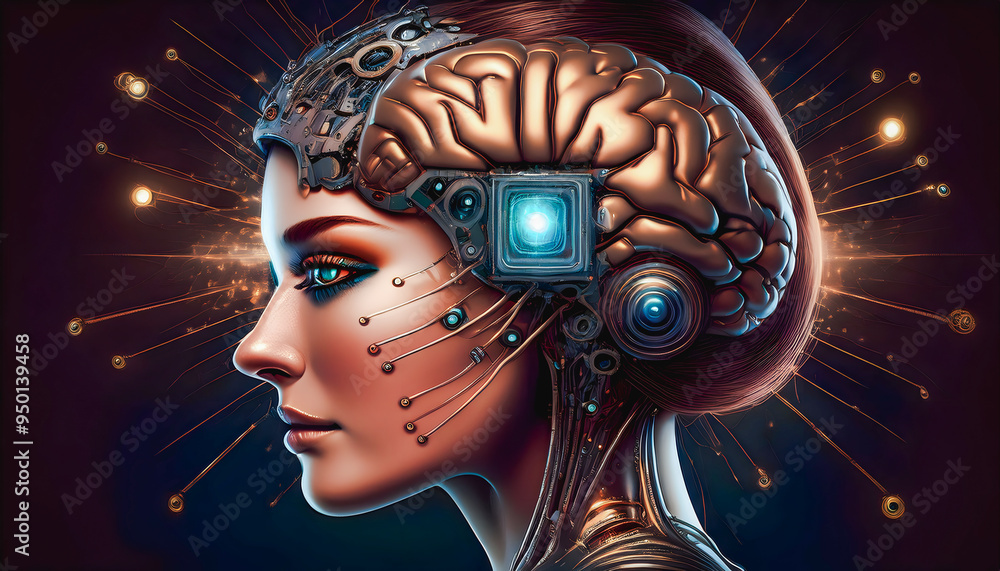 fusion of humanity and technology, exploring themes of artificial intelligence, transhumanism, and the future of human evolution. It symbolizes the integration of digital and biological elements fusion of humanity and technology, exploring themes of artificial intelligence, transhumanism, and the future of human evolution. It symbolizes the integration of digital and biological elements