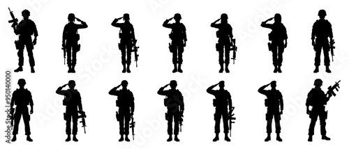 Male and female army soldier silhouette of saluting isolated on white background. Troops hand salute ceremonial greeting, showing respect.