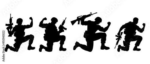 Strong male soldier celebrating victory silhouette black filled vector Illustration icon