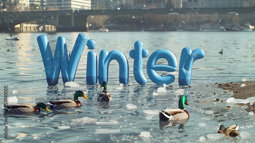 An icy waterfront scene where the word "Winter" is creatively displayed using blue inflatable pool floats, with ducks swimming nearby in the cold water.