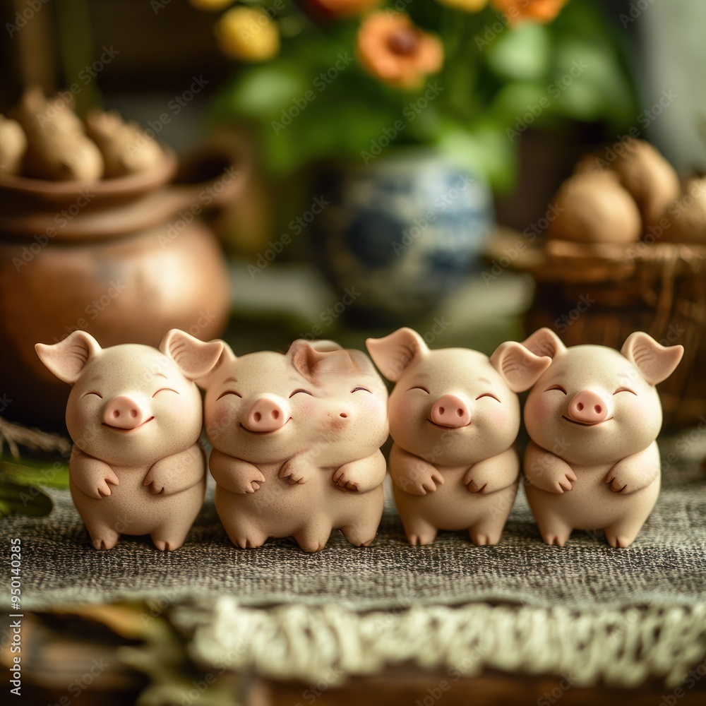 A charming display of ceramic pig figurines, exuding joy and whimsy. A charming display of ceramic pig figurines, exuding joy and whimsy.