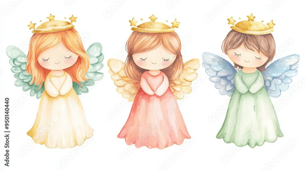 Cute Watercolor Style Christmas Angels with Golden Crowns Cute Watercolor Style Christmas Angels with Golden Crowns