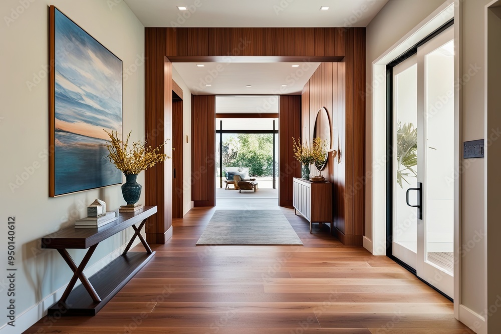 Obraz premium Elegant Wooden Entryway Design with Chic Features and Soothing Color Scheme in a Contemporary Home