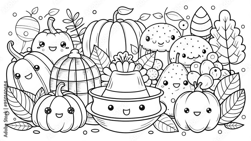 Fototapeta premium Happy Thanksgiving Hand drawn kawaii coloring book illustration AI generated