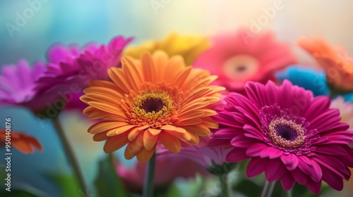 A detailed view of a cluster of colorful gerbera daisies, focusing on their vivid hues and layered petals, with a blurred background to emphasize their beauty.