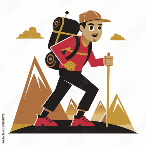 Hiking tourist in the mountains with a backpack and walking stick in a cartoon style