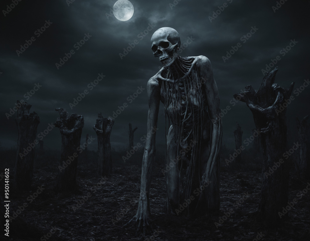 a large skeleton with arms extended in a creepy field of grass and leaves with a full moon overhead, drawed a large skeleton with arms extended in a creepy field of grass and leaves with a full moon overhead, drawed