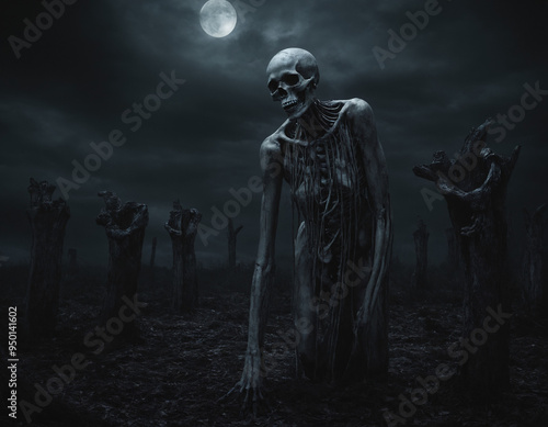 a large skeleton with arms extended in a creepy field of grass and leaves with a full moon overhead, drawed