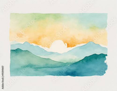 a watercolor painting of hills with a sunset in the background