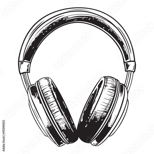 Hand-Drawn Headphones Vector Illustration in Black and White Engraved Woodcut Style