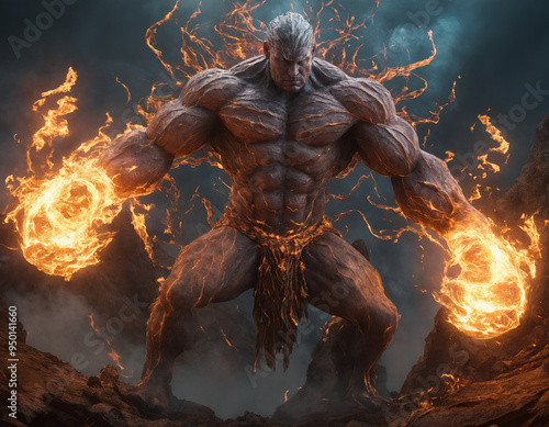 a giant man with large fire around it's body