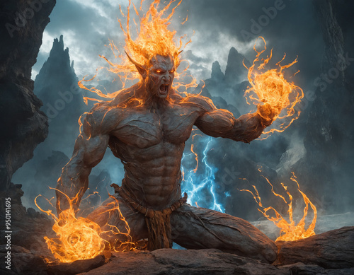 a man with fire arms and horns in the midst of rocky terrain