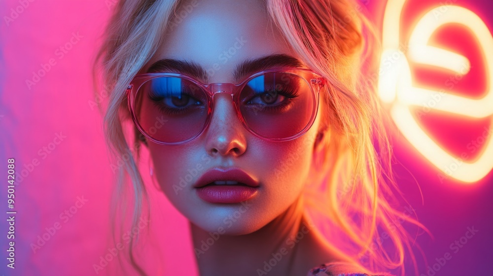 A woman with pink sunglasses A woman with pink sunglasses