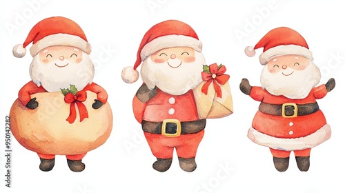 Watercolor Style Cartoon Santa Claus Carrying Gifts in Winter Holiday Scene