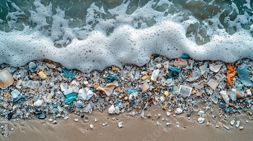 Microplastics contaminating a pristine beach, underscoring the invisible threat of plastic pollution. photo