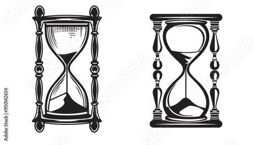  Hand-Drawn Hourglass Collection in Black and White Vintage Engraved Woodcut Style