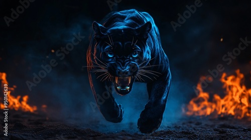 Angry black pnther with open mouth and fiery mane, Glowing yellow eyes, jumping, blue fire flames and sand at night background. Intense Black Panther with Fierce Glowing Eyes in Blue Fiery Ambience
 photo