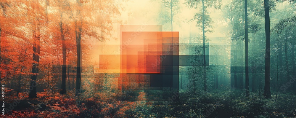 Create an abstract collage image combining the serene beauty of a forest meadow with the geometric shapes of a room, featuring medium wood tones and textures Create an abstract collage image combining the serene beauty of a forest meadow with the geometric shapes of a room, featuring medium wood tones and textures