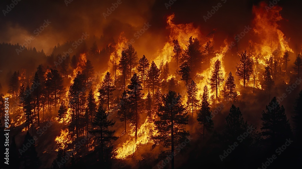 A raging forest fire consuming trees and leaving a scorched landscape behind. A raging forest fire consuming trees and leaving a scorched landscape behind.