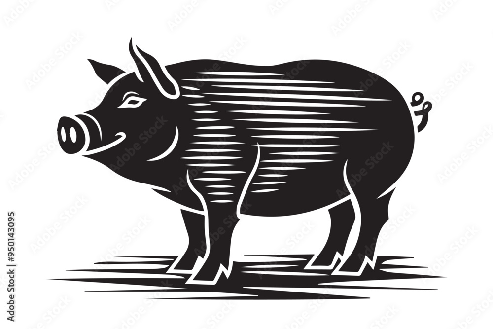 Fototapeta premium Hand-Drawn Pig in Woodcut Style with Black and White Sketch Illustration