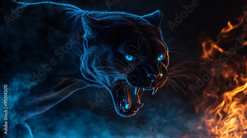 Angry black pnther with open mouth and fiery mane, Glowing yellow eyes, jumping, blue fire flames and sand at night background. Intense Black Panther with Fierce Glowing Eyes in Blue Fiery Ambience
 photo