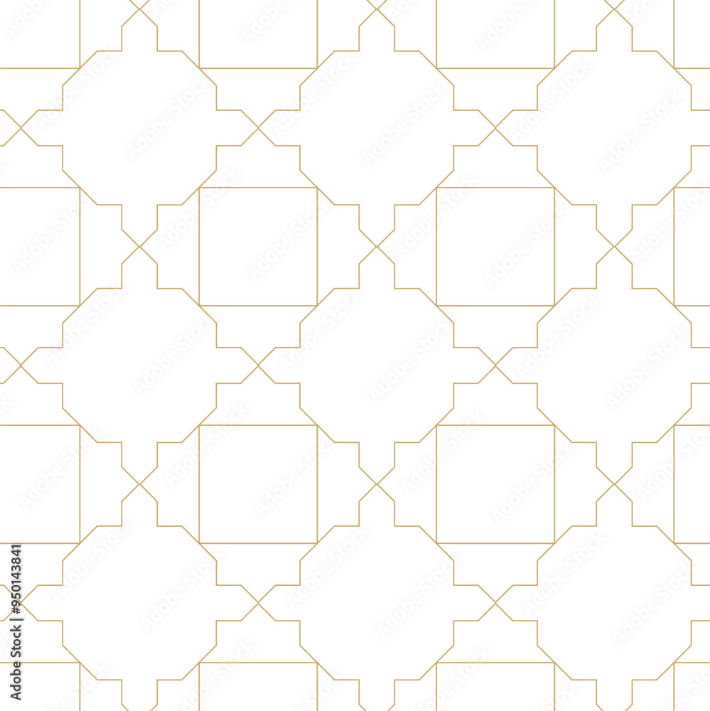 Abstract geometric pattern with crosses, stripes, lines. Seamless vector background. White and gold ornament. Modern reticulated graphic design.