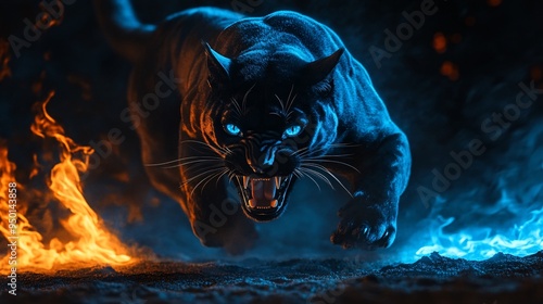 Angry black pnther with open mouth and fiery mane, Glowing yellow eyes, jumping, blue fire flames and sand at night background. Intense Black Panther with Fierce Glowing Eyes in Blue Fiery Ambience
 photo