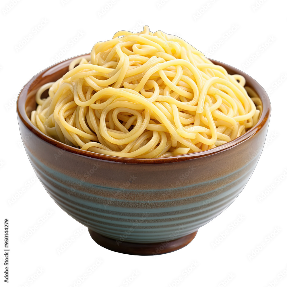 A ceramic bowl filled with plain noodles, shot against a white background A ceramic bowl filled with plain noodles, shot against a white background