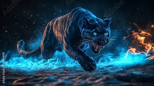 Angry black pnther with open mouth and fiery mane, Glowing yellow eyes, jumping, blue fire flames and sand at night background. Intense Black Panther with Fierce Glowing Eyes in Blue Fiery Ambience
 photo