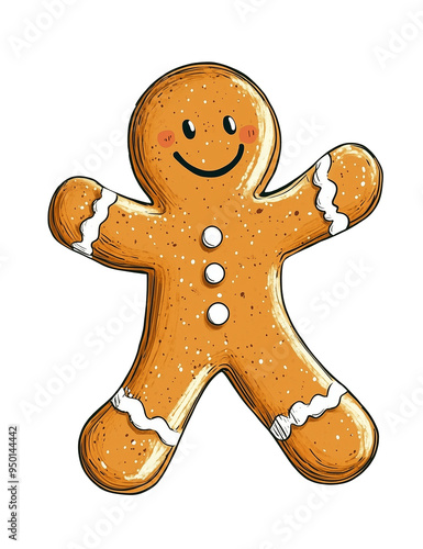 Cartoon-style gingerbread man cookie with a happy facial expression and decorative icing, standing upright in PNG format, isolated on a transparent background, ideal for festive and holiday designs